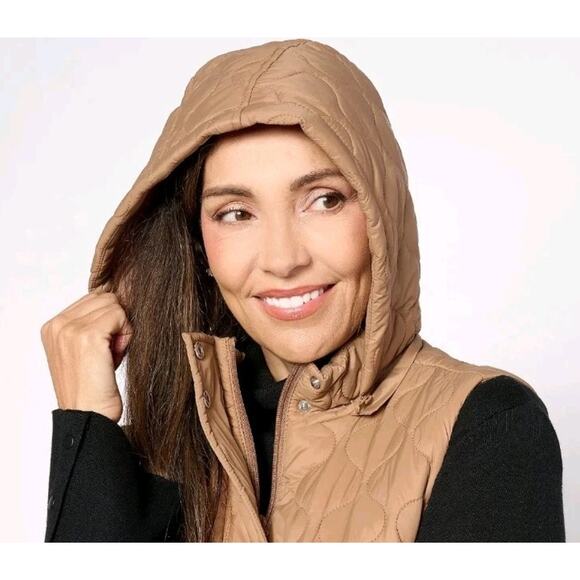 Susan Graver Weekend Water Repellant Nylon Quilted Vest w/Hood Camel 2X P - Picture 2 of 16